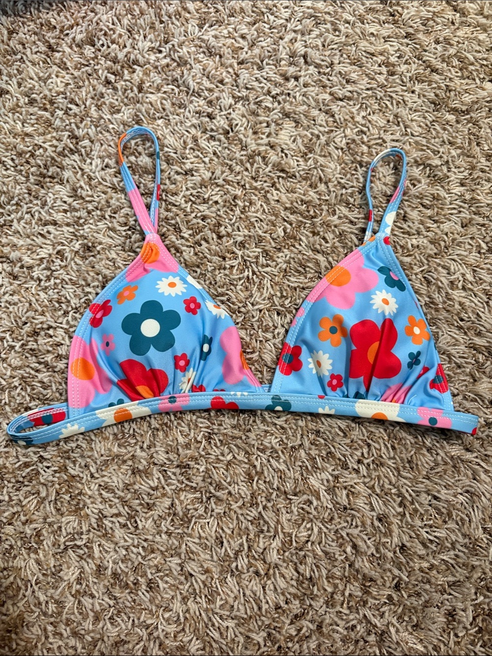 SHEIN Blue Floral Triangle Bikini Top with Pink & Red Accents